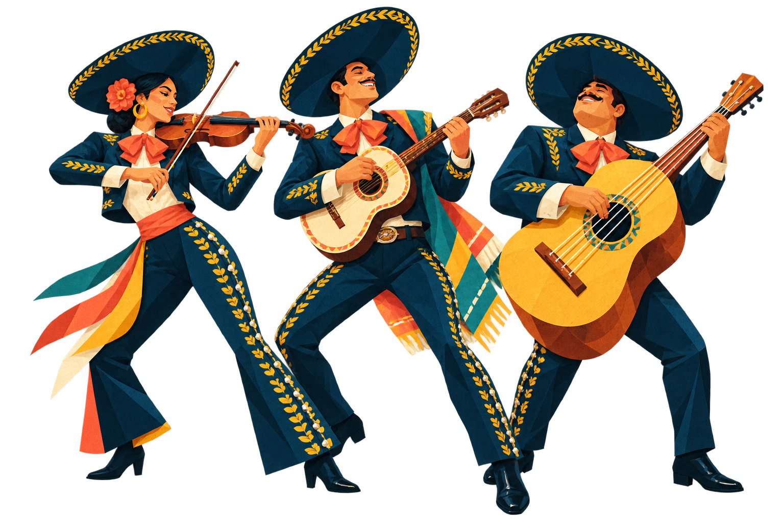 Trío de mariachis en una ilustración editorial geométrica